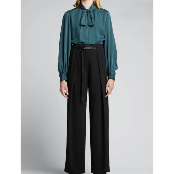 THEORY 100% Silk Blouson Tie Front Blouse, Petrol, Sz M - Picture 1 of 12